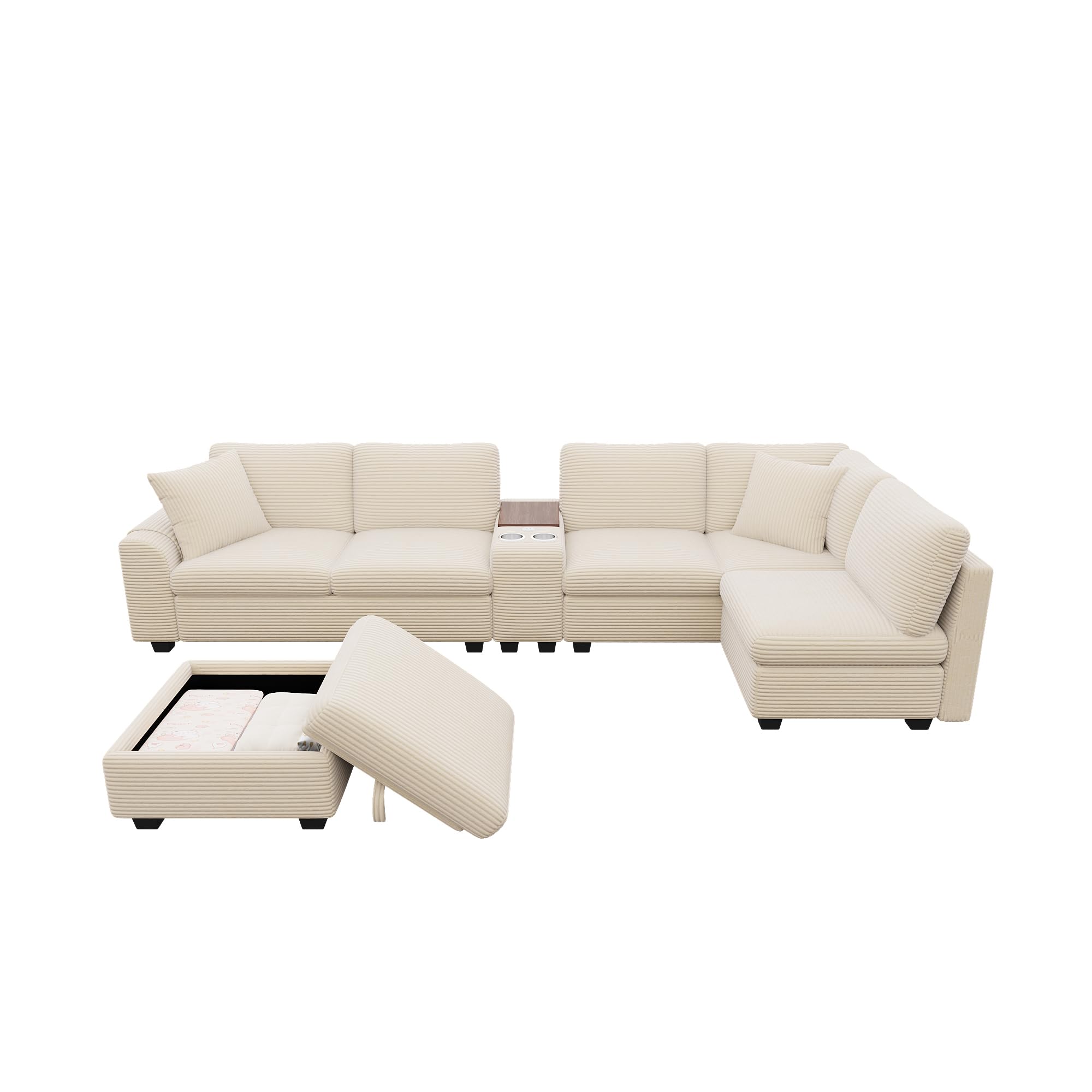 Idemon Sofá esquinero modular U/L de 6 plazas con espacio de almacenamiento, consola central móvil con 2 portavasos, conexión USB/Type-C, compartimentos ocultos y bolsillos para reposabrazos, tela de