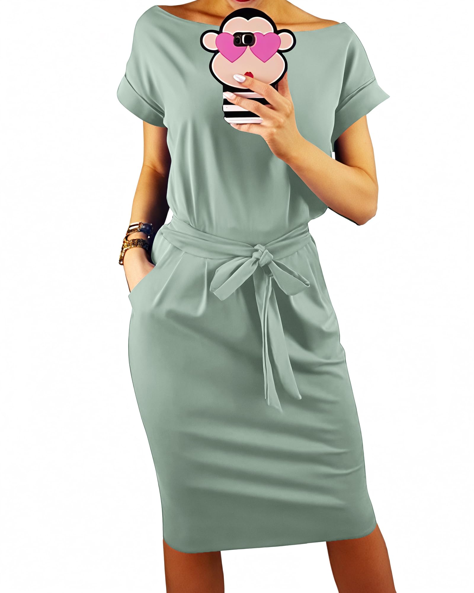 PRETTYGARDEN Women's Summer Short Sleeve Crewneck Striped Dress Basic Solid Tie Waist Office T Shirt Dresses Pockets