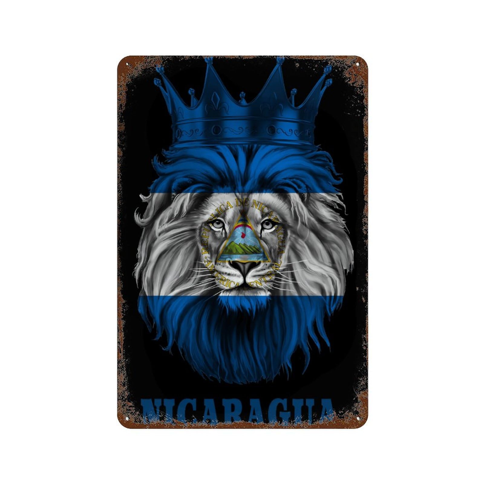 KWQDOZF King Lion Nicaragua Flag Theme Metal Tin Sign,Vintage Iron Hanging Plate Vertical with Rust Poster Wall Decor 8x12inch