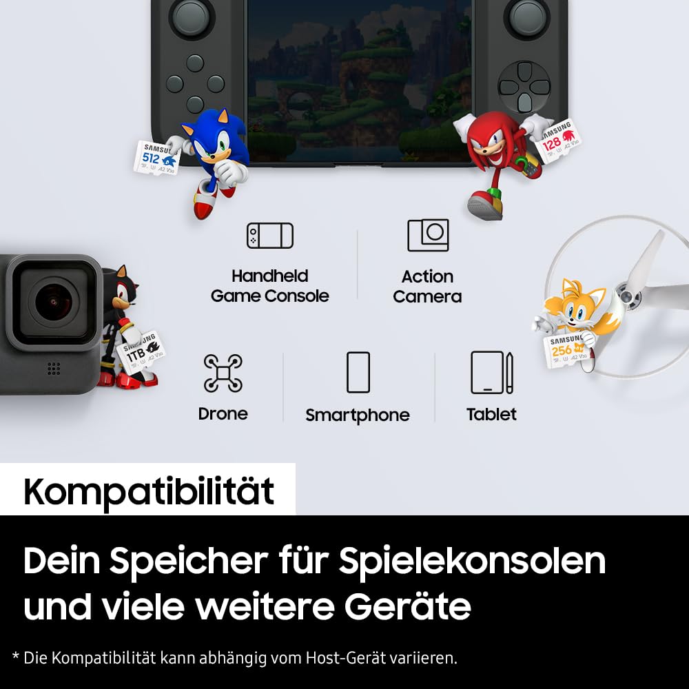 Samsung Sonic the Hedgehog(TM) microSD-Karte + SD-Adapter, Speicherkarte mit 512 GB, UHS-I U3, Full HD & 4K UHD, 180 MB/s Lesen, 130 MB/s Schreiben, Datenspeicher für Handheld-Konsolen, MB-MD512SA/LC1