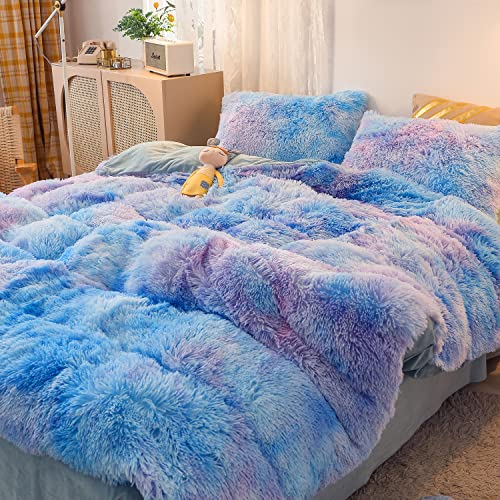 Sumfunry Plush Shaggy Bedding Sets Crystal Velvet Plush Shaggy Duvet Cover Set 2Pc Galaxy Bedding Fluffy Bedding With Zipper Closure Twin Size #TOP1