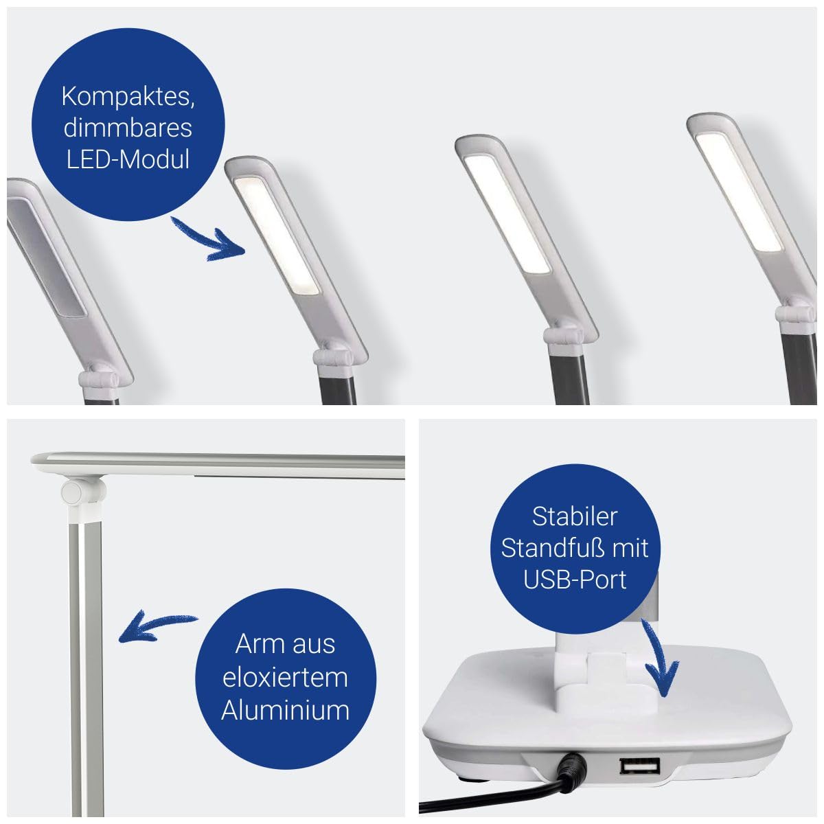 MAUL LED Schreibtischlampe MAULjazzy weiß dimmbar mit USB Touchfeld | flexibel ausrichtbar, neutralweißes Arbeitslicht, 5 Helligkeitsstufen, praktische Ladefunktion, stabiler Standfuß