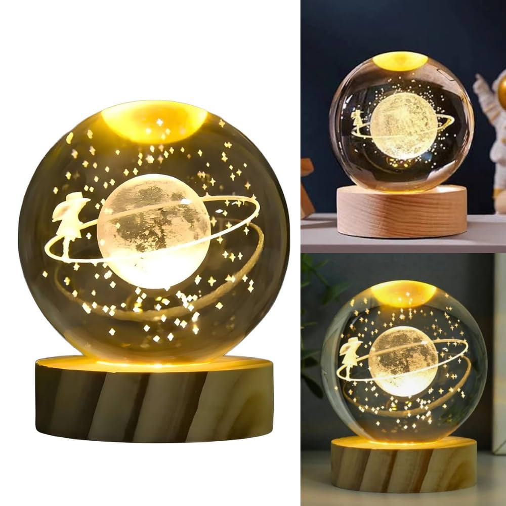 Luminária Bola de Cristal 3D LED USB com Base de Madeira - Abajur Decorativo de Mesa, Luz