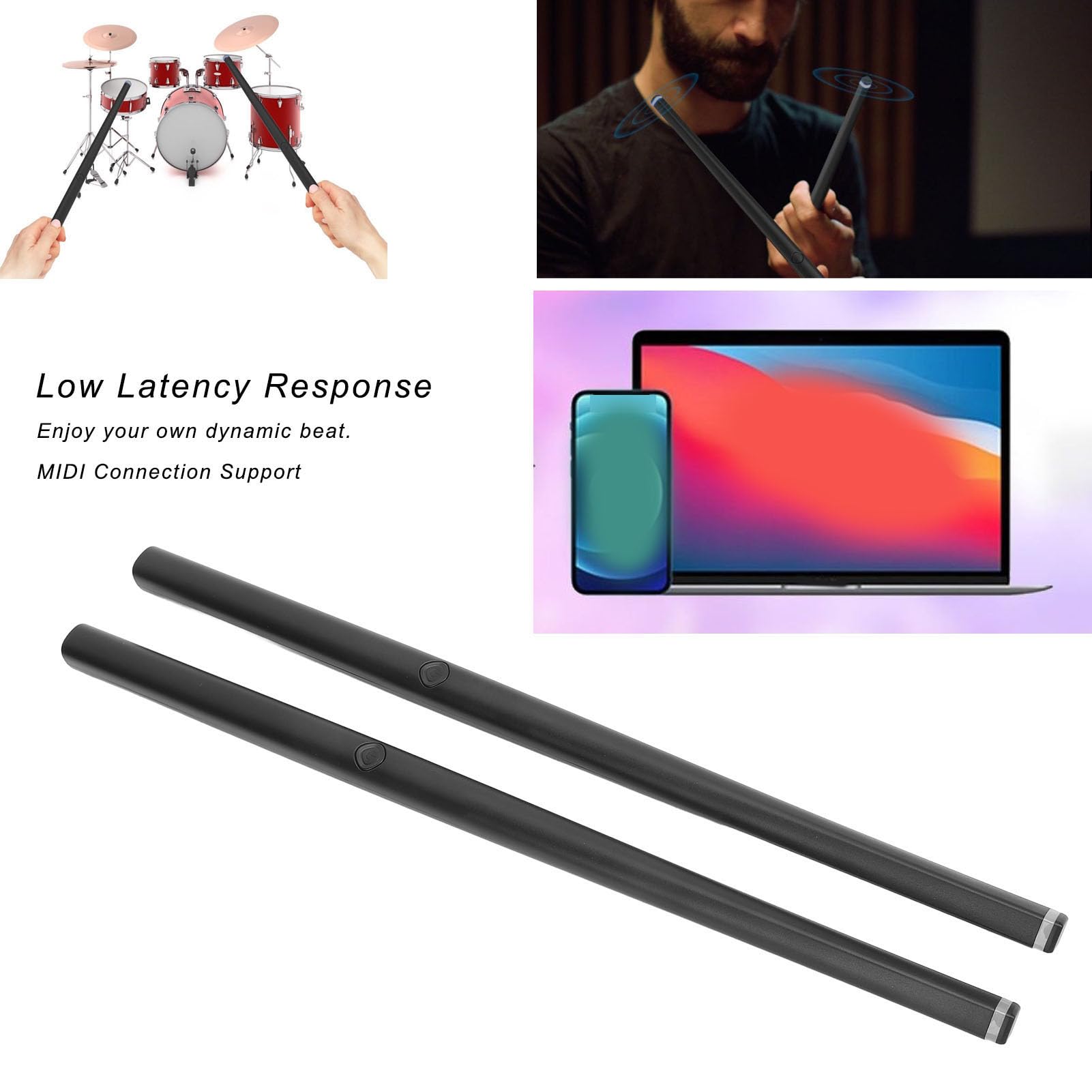 Juego de batería electrónica virtual, baquetas de aire, pedales, instrumento musical portátil con detección de vibración Bluetooth para principiantes, práctica en el hogar