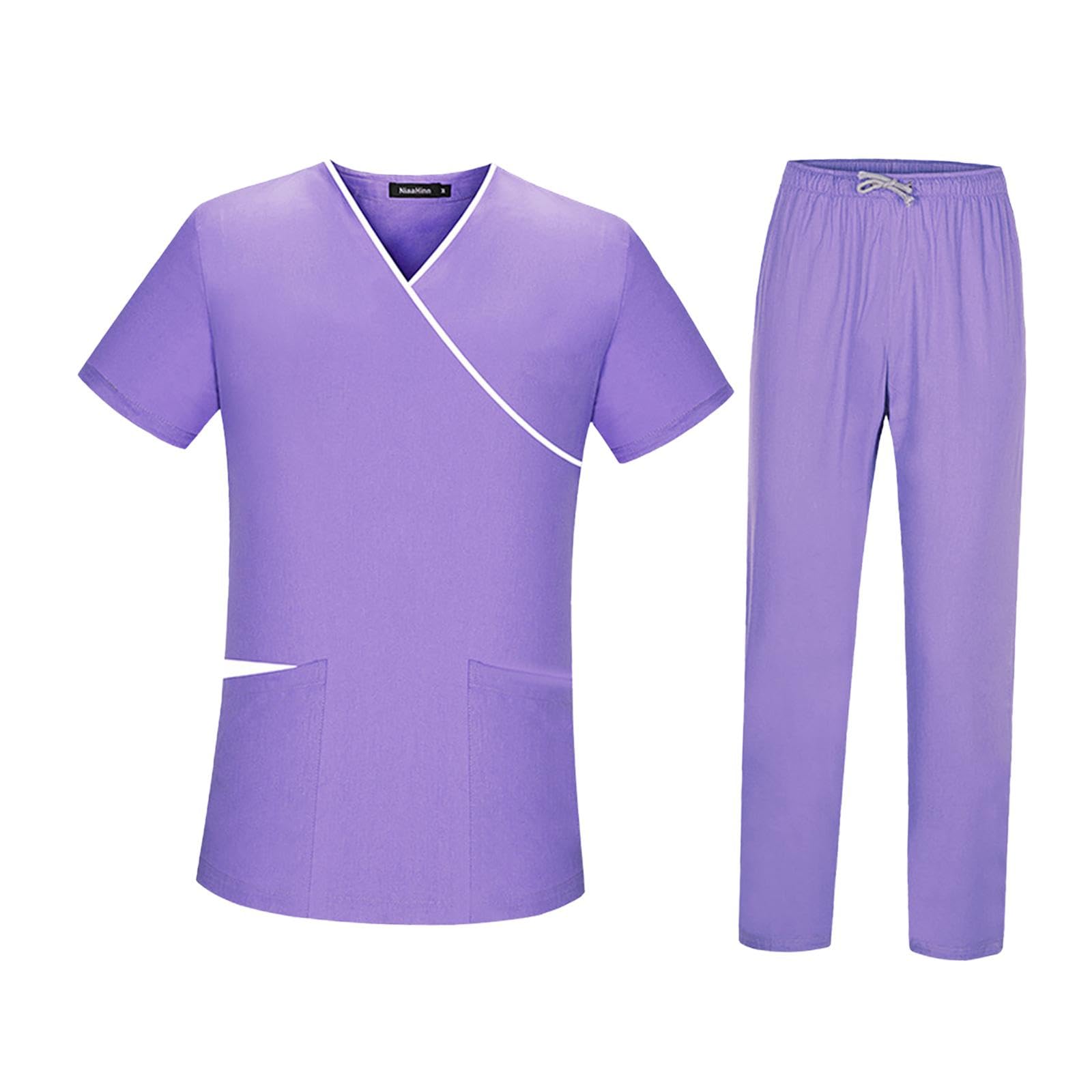 Damen Kasack Set, Bestehend Aus Oberteil Und Hose, Arbeitskleidung für Den Sommer, Kurzarm, Pflegeuniform für Damen, Geeignet für Spa, Tierhandlung, H, Lila, XL