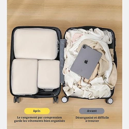 Lot de 4 Sac Compression Voyage, Rangement Valise Organisateur, Organiseurs de Bagage, Double Fermeture éclair, 100% Nylon, Imperméables (Beige) – vue 6