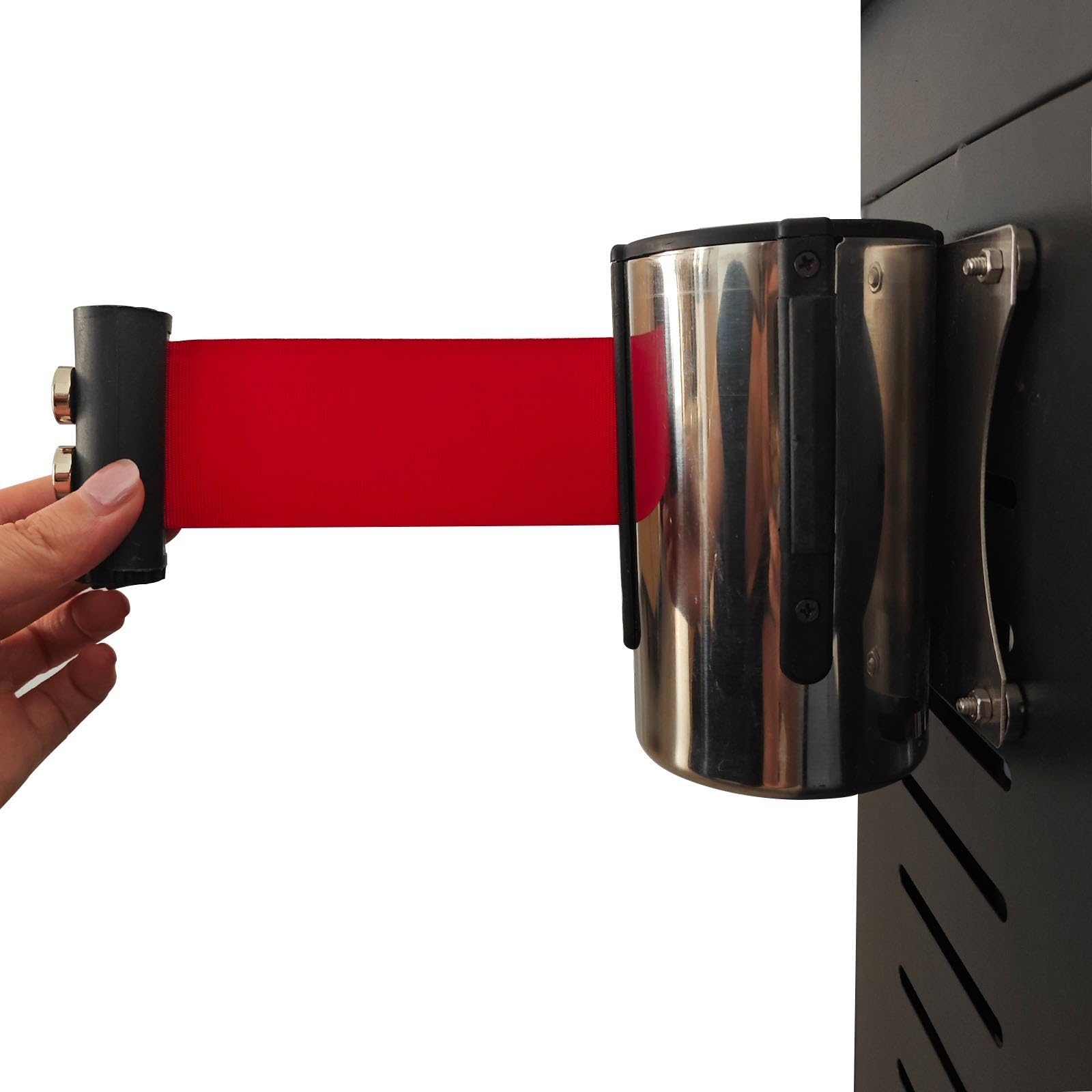 Wall Mounted Crowd Control Barrier with 6.5/9.8/16.4 FT Red Retractable Belt Magnetic Retractable Wall Barrier for Thick Iron Wall Doors(5M/16.4FT)