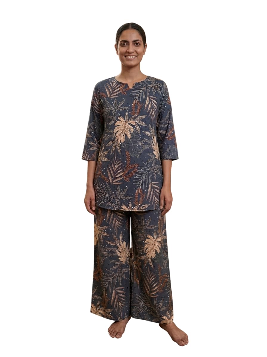 Summer Casual Wear Lightweight Polyster Printed Notch Neck Co-ord Set/Nightsuit With Wide Loose Pants for Women-image-15