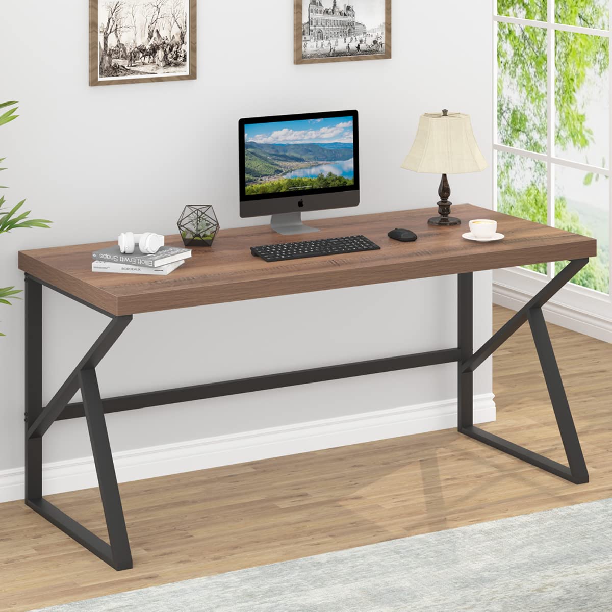 HSH Large Computer Desk, Industrial Modern Home Office Desk, Wooden and Metal PC Desk for Work Writing Study Gaming Bedroom, Farmhouse Vintage Computer Table Executive Workstation, Rustic Oak 60 Inch