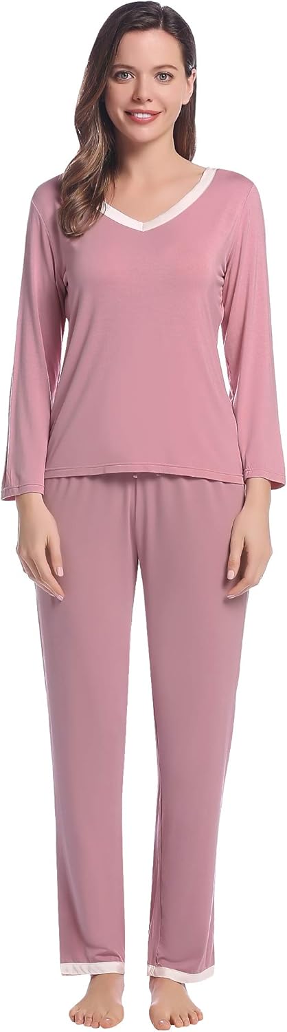 Joyaria Women's Bamboo Viscose Pajamas Long Sleeve Cooling Pj Lounge Set Soft Loose Sleepwear V Neck Top with Pants - Image 6