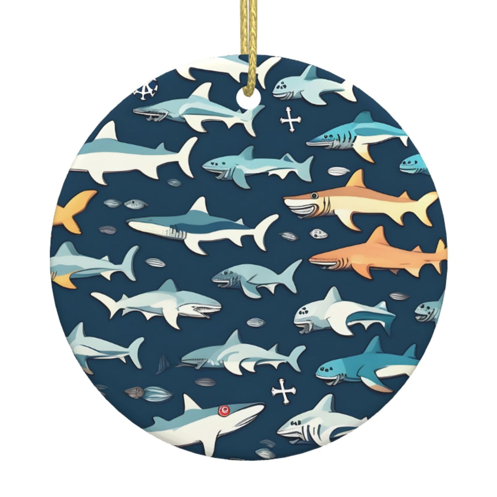 Sharks Nautical Print Christmas Ornaments, Ceramic Hanging Ornament, Round Shape Decorations