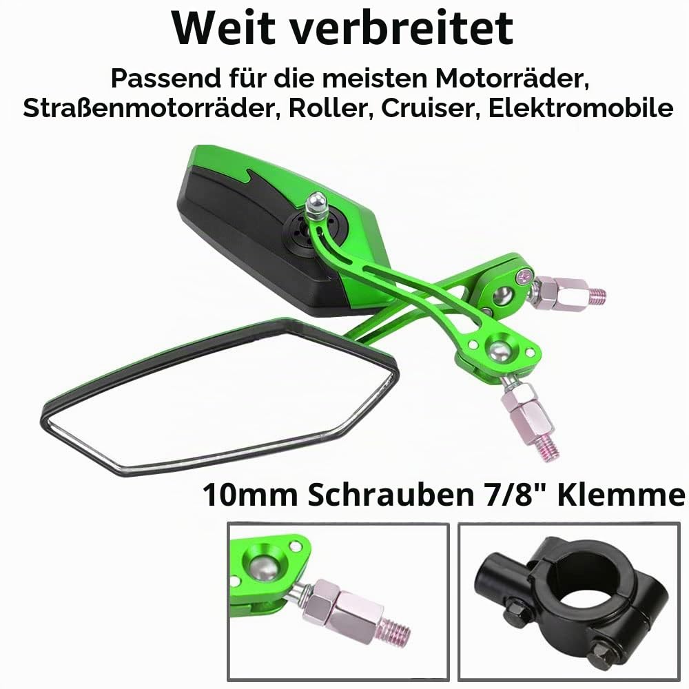 ETOPARS Motorrad Rückspiegel 10mm 8mm Grün Motorrad Spiegel Lenker Aluminium Seitenspiegel Einstellbar Drehspiegel mit 7/8 Zoll Montage