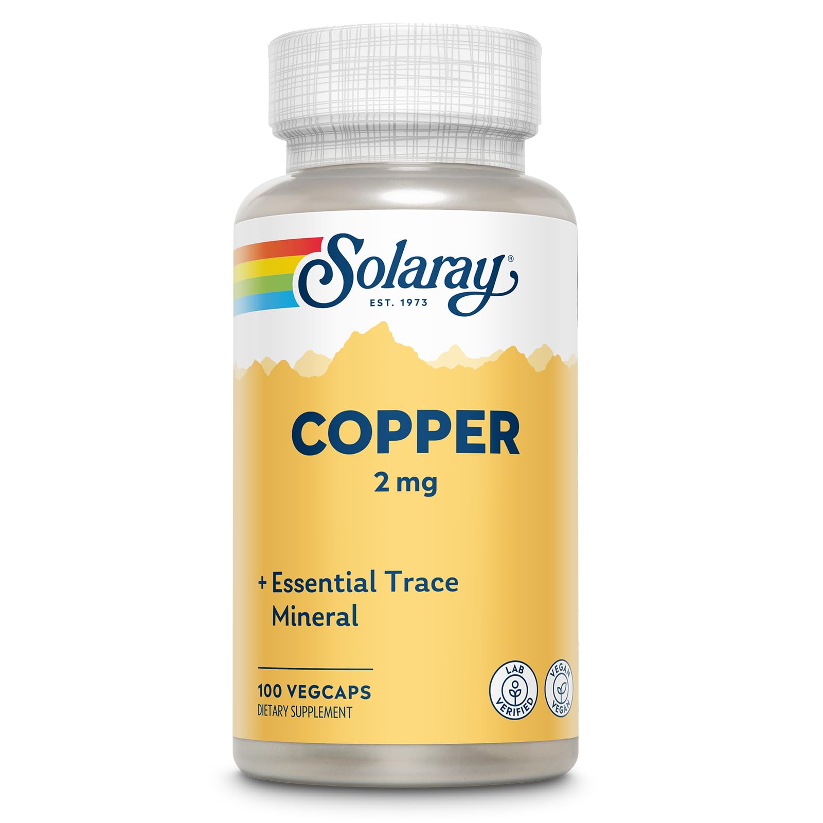 SOLARAY Copper Supplements - with Copper Bisglycinate 2mg - Trace Minerals Supplement - Essential Trace Mineral Balance and Wellness Support - Vegan, Lab Verified, 60-Day Guarantee - 100 Servings