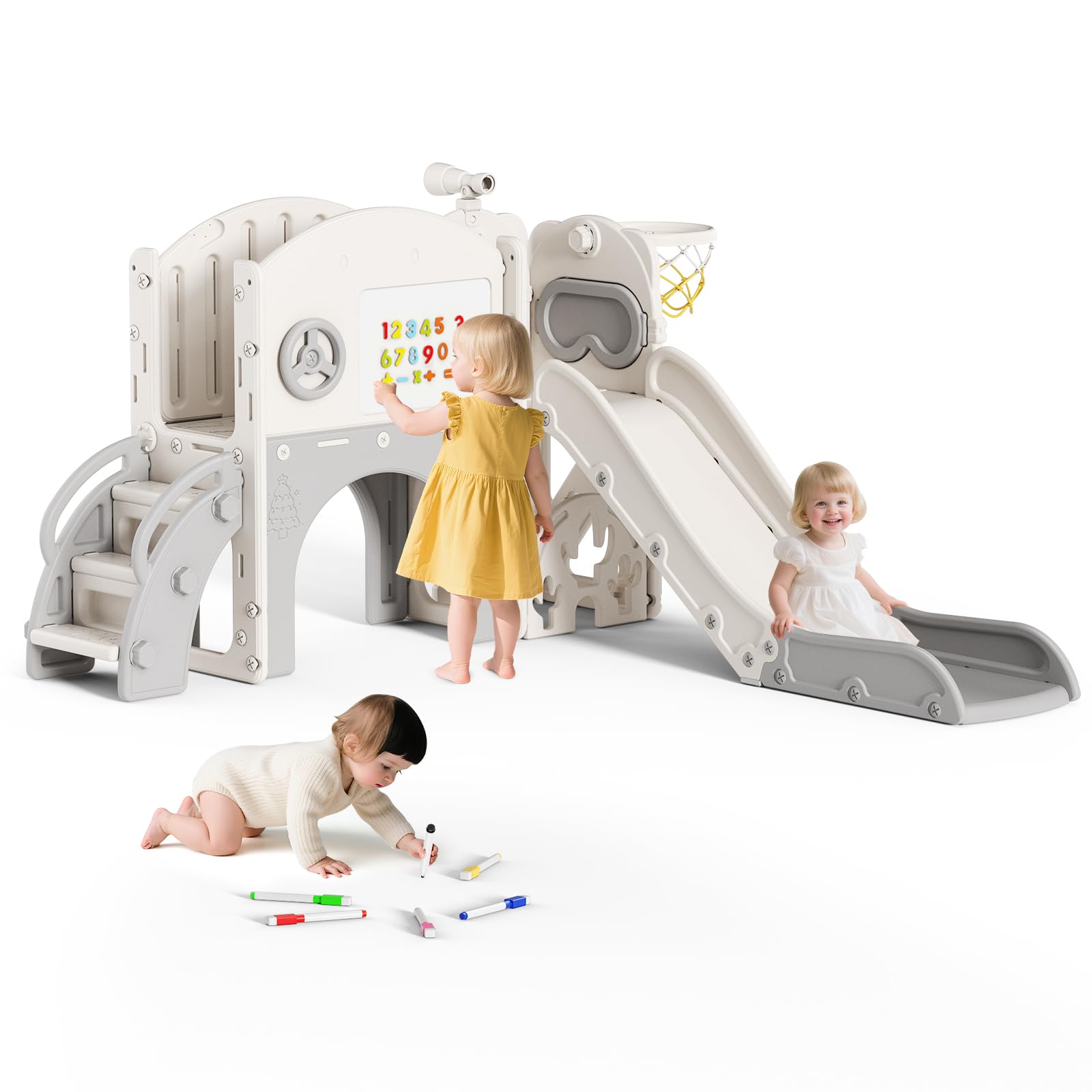 10 in1 Upgraded Toddler Slide Set, Kids Baby Slide with track, golf set, Basketball Hoop ECT, Easy assembly, Infant and Toddler Garden Slide, indoor/outdoor