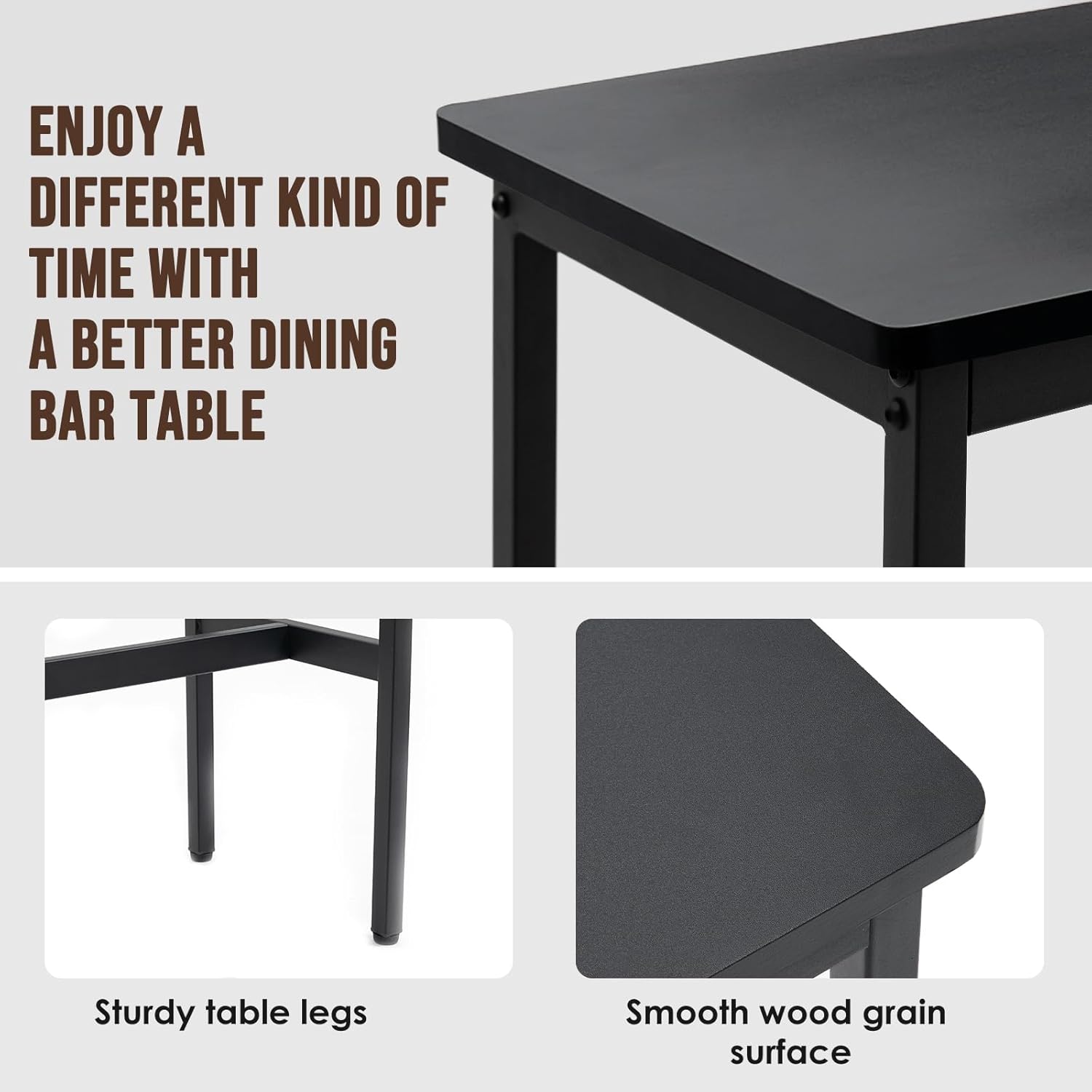 44.5" Bar Table, Pub Table with Adjustable Feet Floor Protector, Narrow Rectangular Kitchen Counter Dining Tables, Sofa High Top MDF Tables with Sturdy Metal Legs, Black