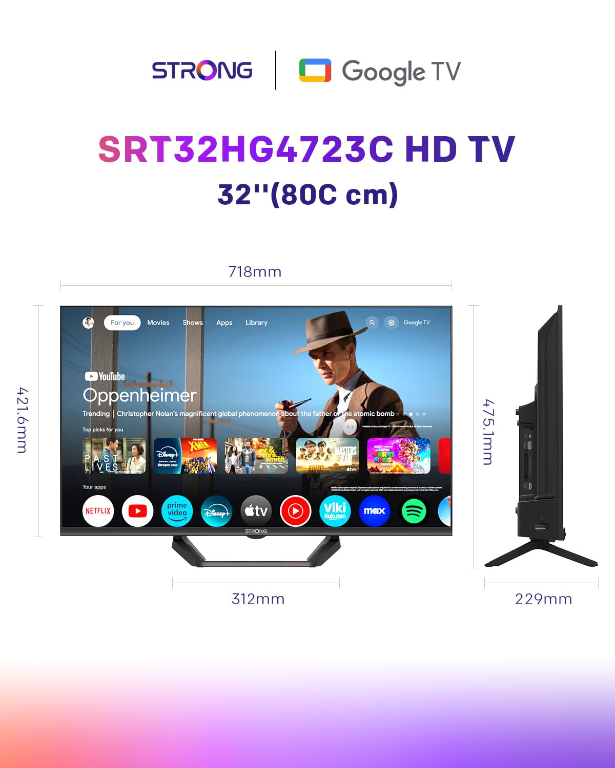 STRONG SRT32HG4723C 32'' TV HD, Nero | DVB-S2/C/T2, 12V Ideale per camper, cucina, 2 porte HDMI (1 ARC) + 1 porta USB + Mini-AV + Presa antenna/satellite