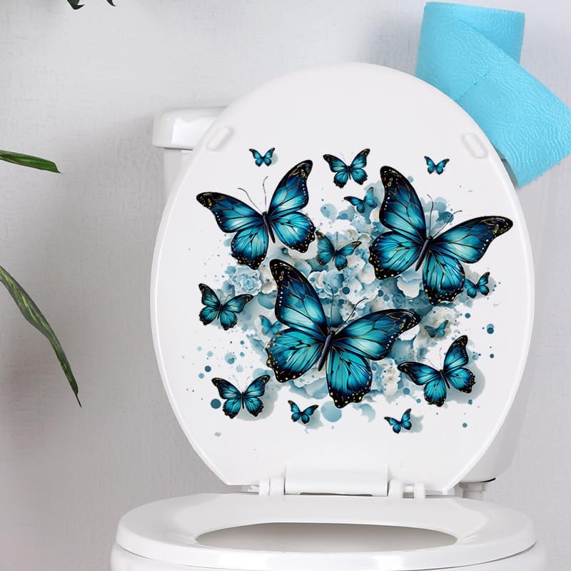 Multiple Butterflies Flower Toilet Cover Sticker Decals,Fish Bird Flower Leaf Waterproof Toilet Lid Tank Seat Decals Cistern Self-Adhesive Bathroom Wall Sticker, White