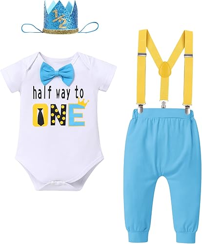 Miniatura 8 de IDOPIP My 12 Birthday Boy Outfit Baby Boy Half Way to One Cake Smash Photo Prop Mameluco con tirantes y diadema