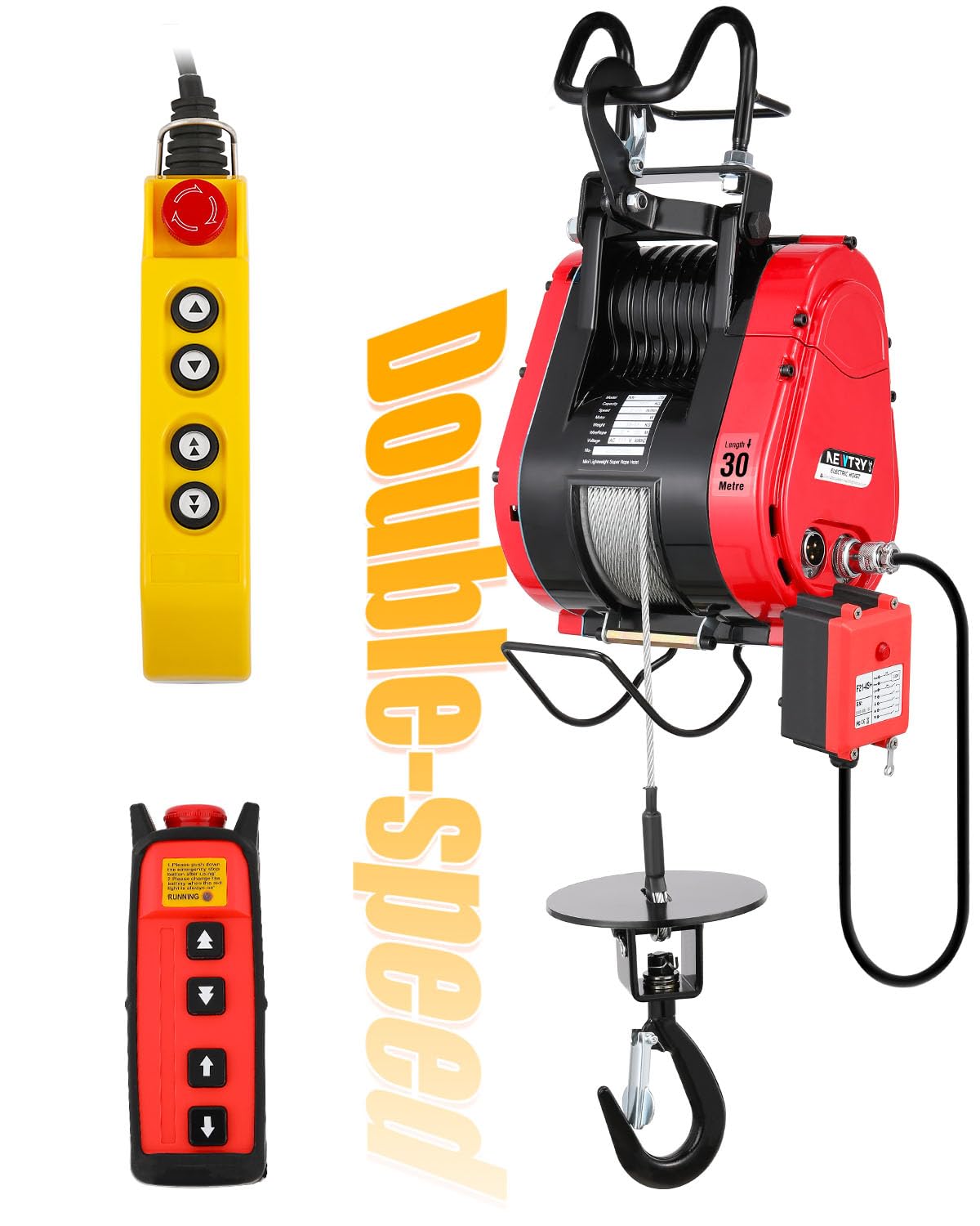 NEWTRY 2-Speed Fast Electric Hoist, 770lb Capacity with 95ft Lifting Height, 1500W Brushless Motor, Wired & Wireless Remote Control w/Emergency Stop,
