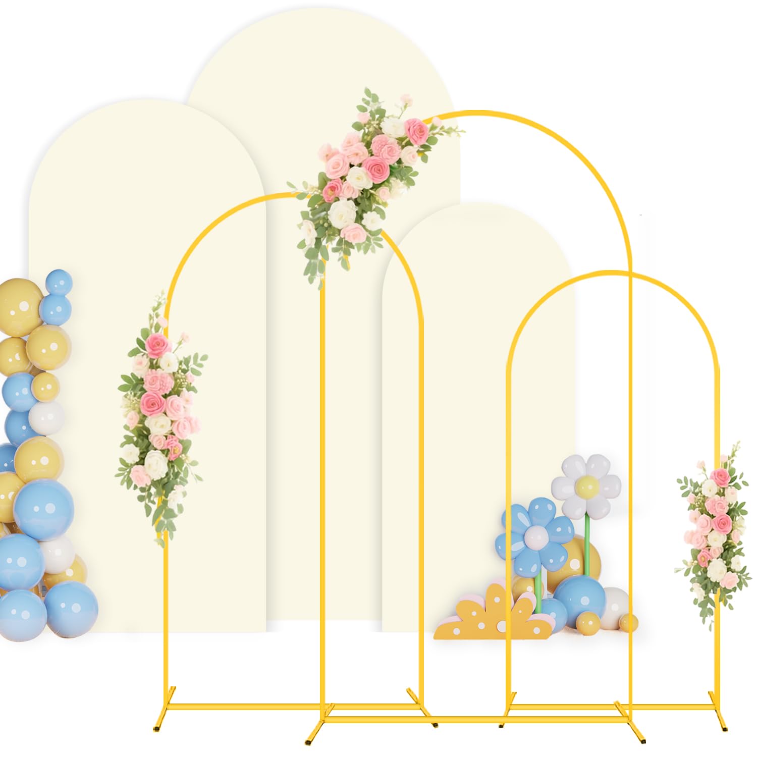 Wedding Arch Stand and Cover Set 6FT, 5FT, 4FT Metal Backdrop Stand Set of 3 with Ivory Arch Spandex Covers Balloon Arch Backdrop Stands Cover for