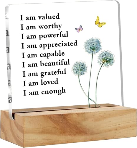 Regalos inspiradores para mujeres y hombres, regalos de salud mental, autoafirmaciones, letrero de acrílico transparente con soporte de madera,