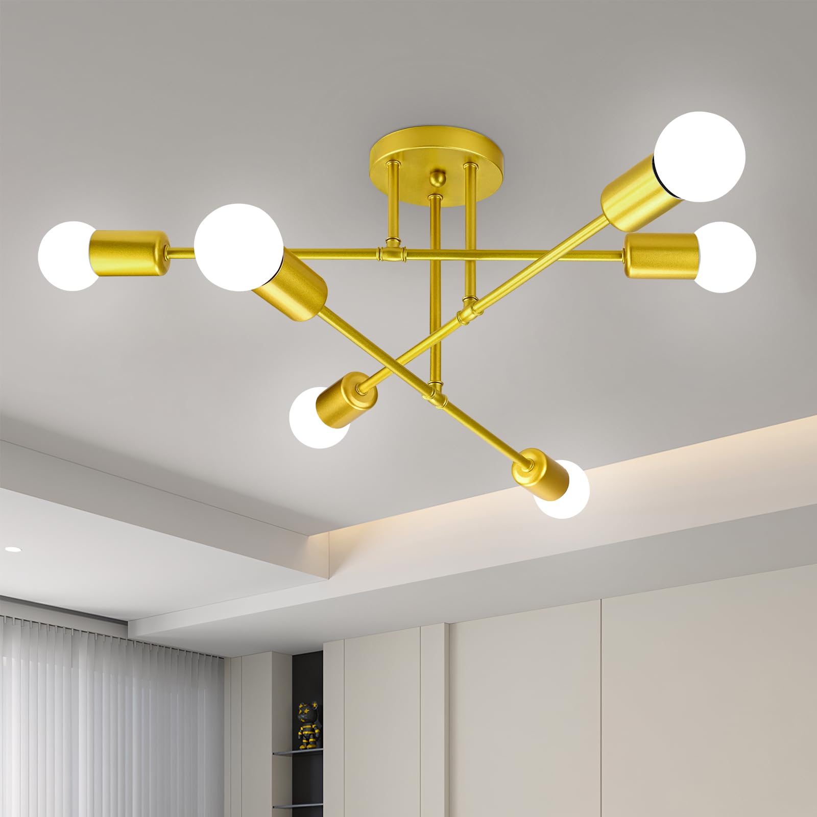 Chandelier Sputnik Ceiling Light, 6 Lights E27 Gold Modern Chandelier, Semi-Flush Mount Ceiling Lamp Vintage Ceiling Lighting for Living Room, Bedroom, Dining Room, Kitchen