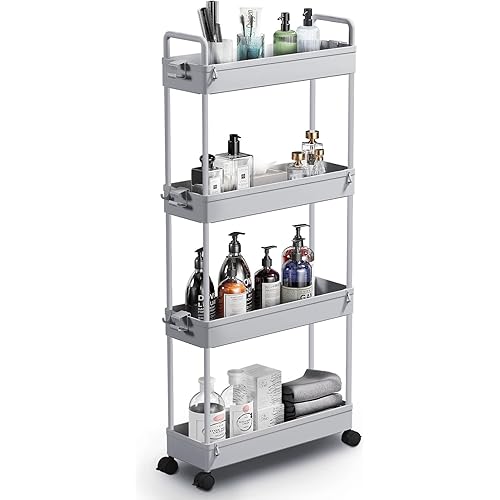 SOLEJAZZ Slim Storage Cart, 4 Tier Bathroom Organizer Mobile Shelving Unit, Rolling Utility Cart Slide Out Organizer for Kitchen, Bathroom, Laundry, Narrow Places, Gray
