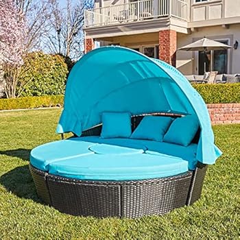 Alternative view of P PURLOVE Outdoor Rattan Daybed Round Patio Sunbed with Retractable Canopy Wicker Furniture, Round Outdoor Sectional Sofa Set, Wicker Furniture Clamshell Seating with Washable Cushions, Black+Blue