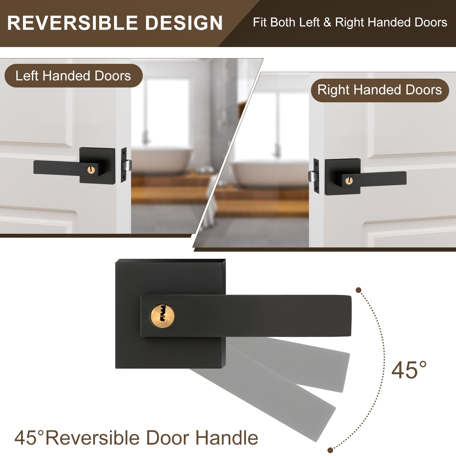 Juego de Manillas para Puerta Manija de Puerta con Cerradura y Llave Maneta Cuadrada Puerta Exterior con Llaves para Dormitorio Negro Reversible para Puertas con Apertura a la Derecha o a la Izquierd