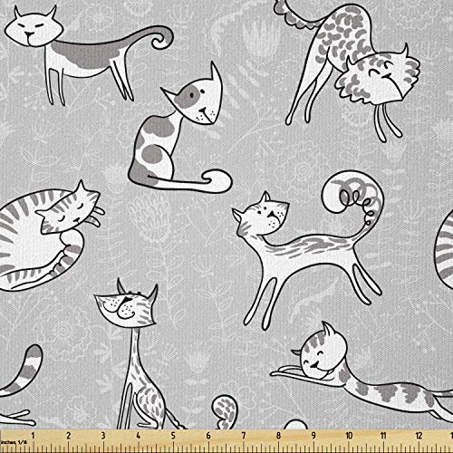 Image of Ambesonne Soft Grey Fabric by The Yard, Cats Posing Over Floral Background Feline Kitten Kitty Cartoon Art Prints, Stretch Knit Fabric for Clothing Sewing and Arts Crafts, Soft Grey