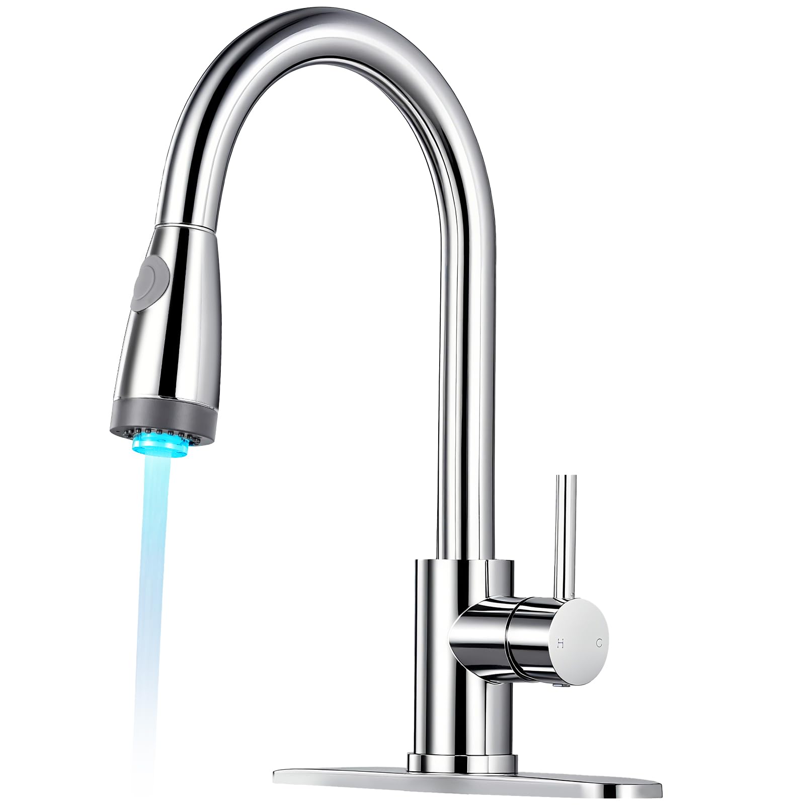 Grifo de cocina LED con rociador extraíble, grifos de cocina de cromo pulido de una sola manija, grifo de fregadero de cocina extraíble de acero inoxidable de arco alto con cubierta para caravana