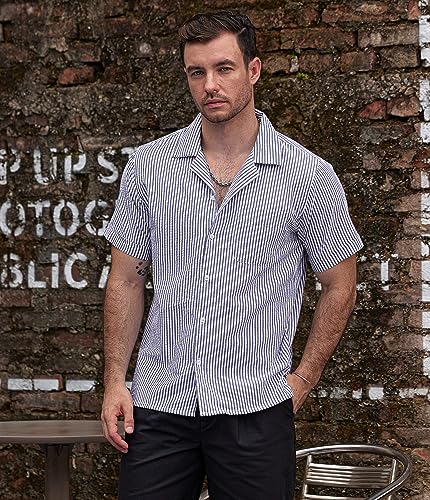 Image of VATPAVE Mens Striped Summer Shirt Casual Button Down Short Sleeve Beach Shirts Cotton Shirts for Men