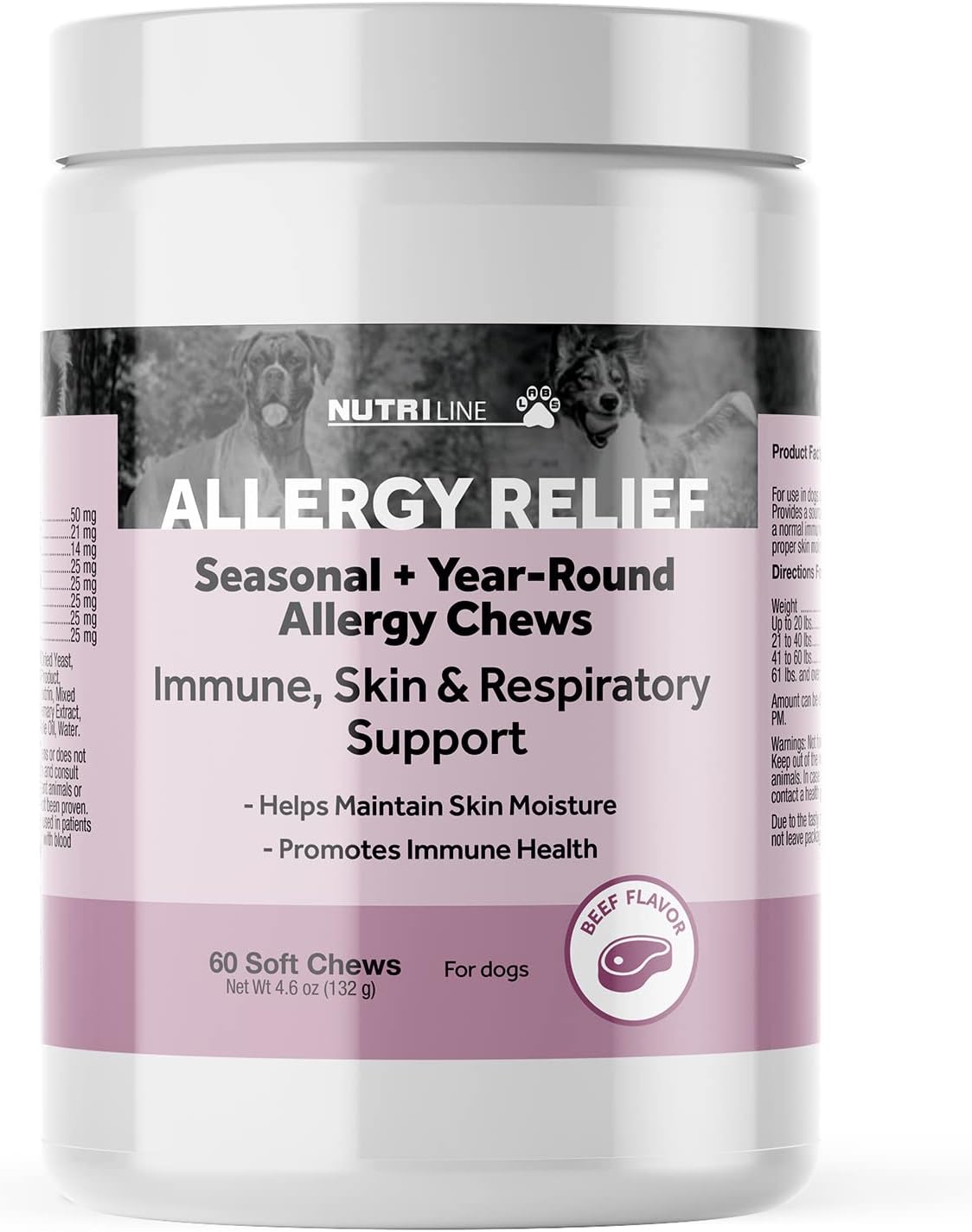 Nutriline Labs Dog Allergy Relief - Soft Chews With Omega 3 Fatty Acids, Turmeric Root, Grape Seed Extract, Quercetin, Pumpkin Powder, EPA, DHA - Supports Immunity, Respiratory Health, Skin - 60 Chews