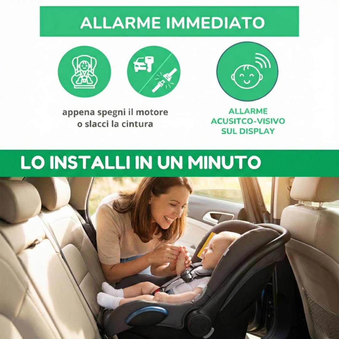 BABY BELL PLUS EDIZIONE 2025, Dispositivo antiabbandono auto, Anti abbandono seggiolino auto, Universale, con batterie nuove a lunga durata, Nuovo modello massima sicurezza