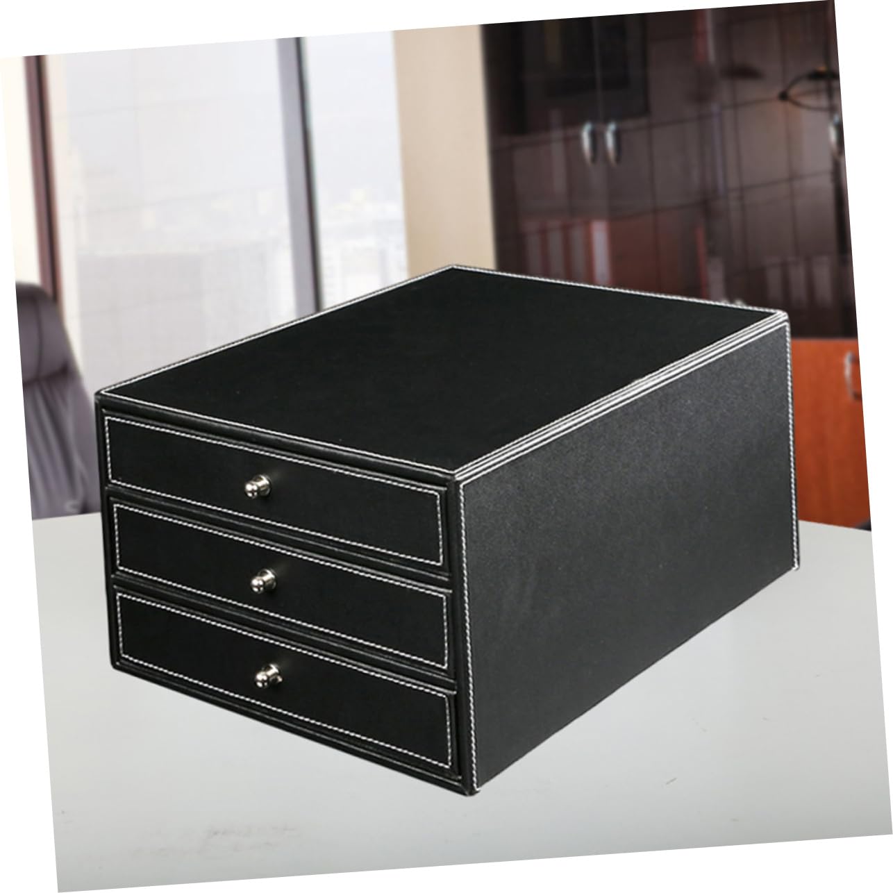 NUOBESTY Caja de Archivos de Escritorio A4 de Cuero Tres Cajones | Negro, Madera y Pu, 1 Pieza, Uso en Oficina y Dormitorio, Extracción Suave y Acceso Fácil