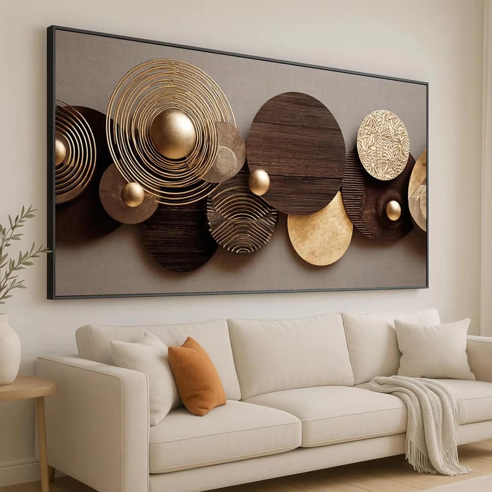 DFZEWKI Modern Circles Canvas Wall Art, Abstract Geometric Decor, Gold and Brown Circles, Contemporary Home Decoration(50x100cm(20x39in)/No frame)