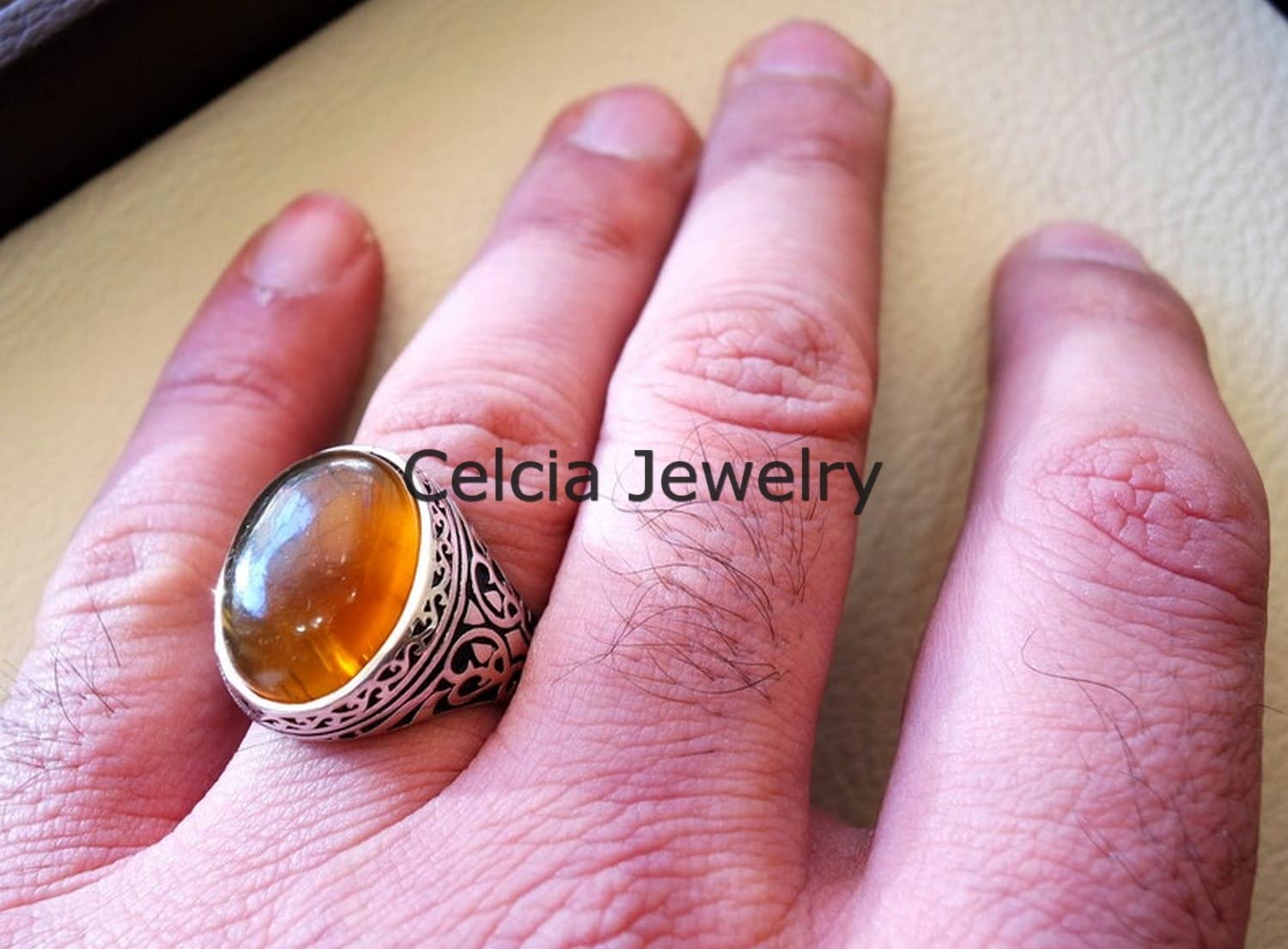 Anillo clásico de piedra preciosa genuina de ámbar báltico, joyería única hecha a mano para hombres, anillo de declaración, anillo de sello, hermosos regalos para el día del padre