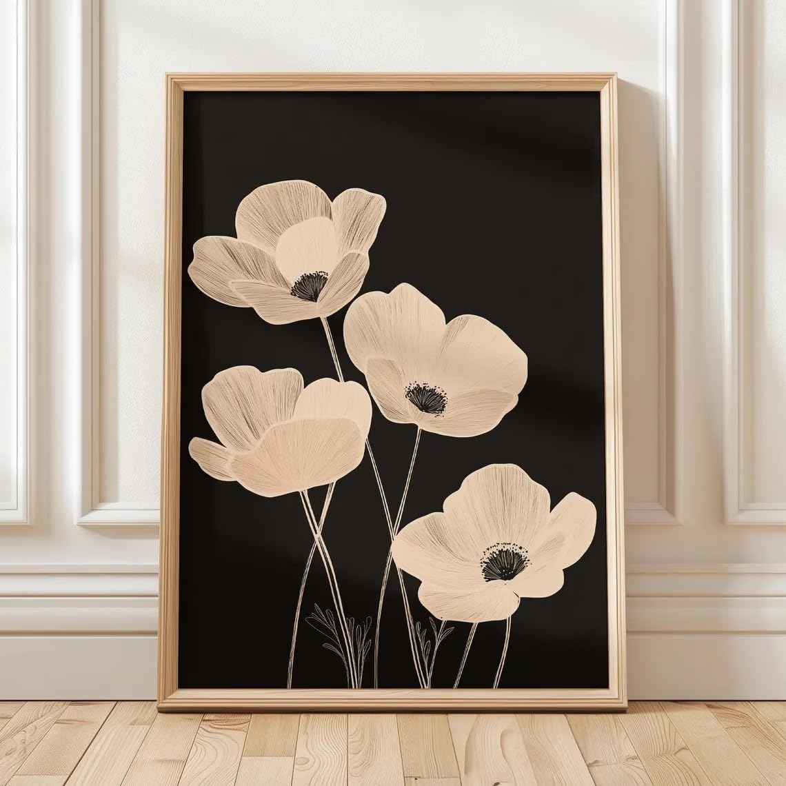 ZHAOLIN Plakat retro z czarnym dzikim kwiatem i beżowym rysunkiem linii botanicznych, minimalistyczny obraz na płótnie z motywem kwiatowym (21 x 30 x 3 cm/rama na płótno)