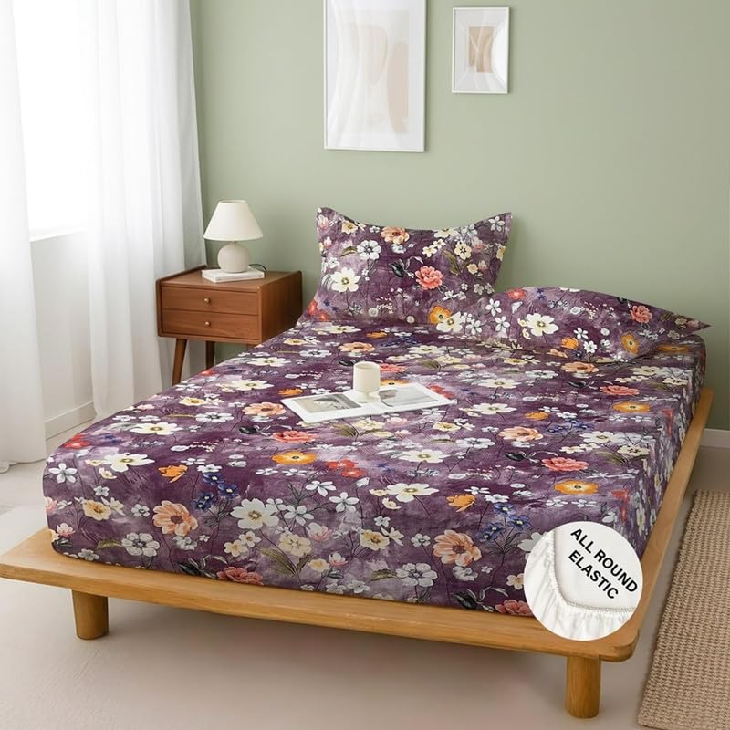 Image of Avinya 250 TC Premium Cotton Feel Elastic Fitted Double King Size Bedsheet with 2 Pillow Covers |78 inch x 72 inch| Fits up to 6-Inch Mattress |Phol Purpule