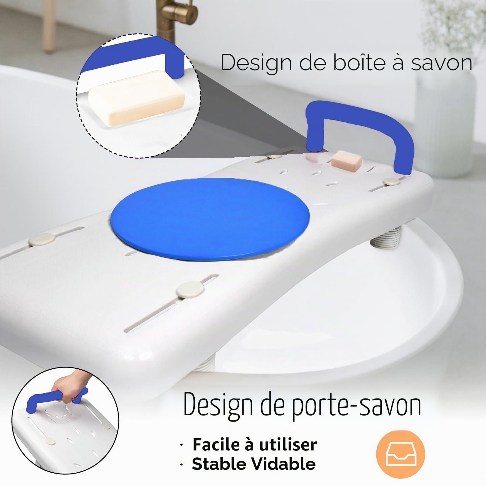 NAIZY Planche de bain 75,5 x 34 cm - Siège de baignoire pour personnes âgées et adultes - Avec plateau rotatif à 360° - Réglable de 41 à 63 cm - En polypropylène - Charge maximale : 150 kg - Poignée