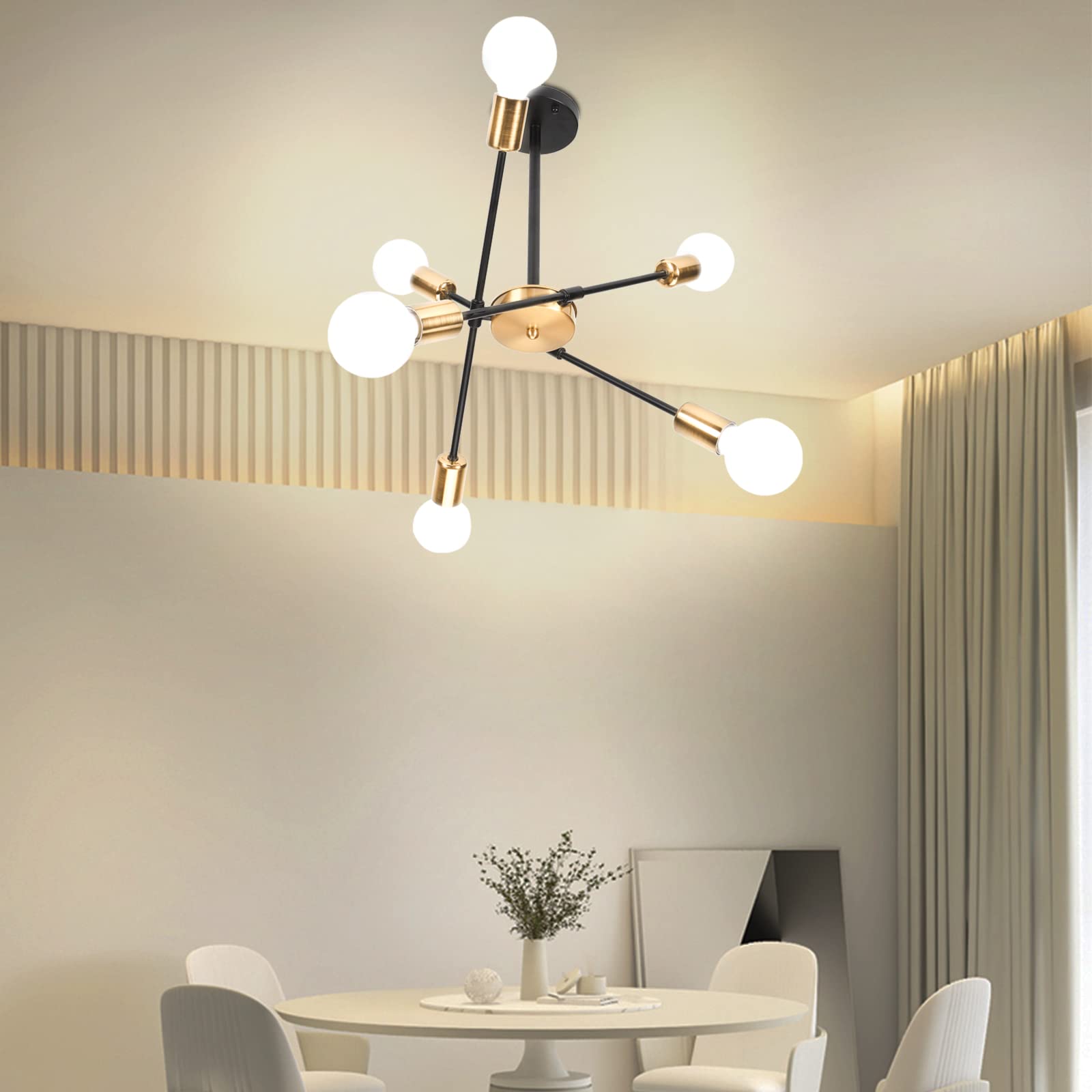 iDEGU Lampadario Soggiorno Moderno, 6 Luci Lampada da Soffitto Regolabile Plafoniera LED Vintage Illuminazione E27 Lampada a Sospensione Industriale per Camera da letto Sala da Pranzo (Nero Oro)