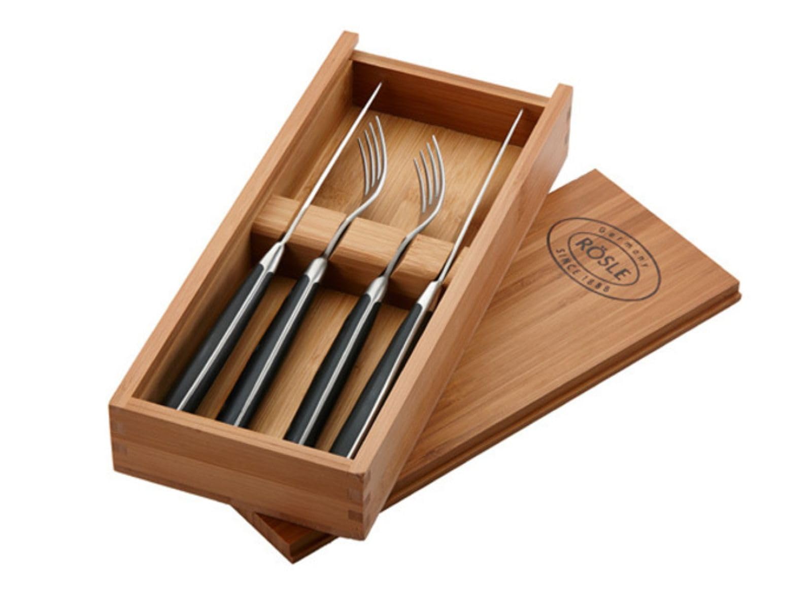 RÖSLE Couverts à steak set de 4, couteau à steak de haute qualité avec lame aiguisée en acier spécial à lames et fourchette à steak assortie, avec boîte en bois pratique incluse
