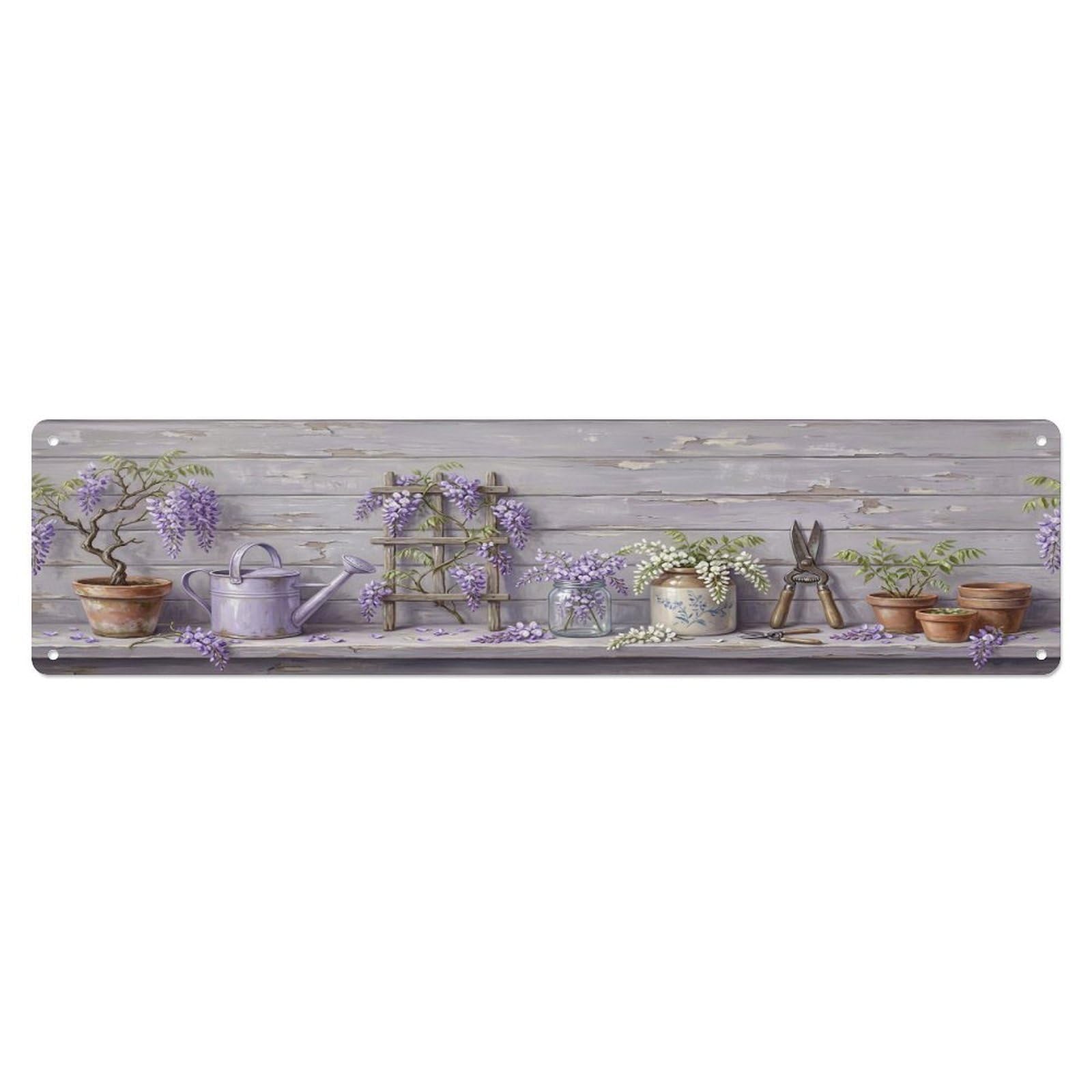Floral Garden Tools Wisteria Trellis Pattern Print Metal Tin Sign