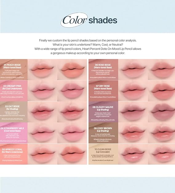 Heart Percent Dote On Mood Lip Liner Pencil, Long-Lasting Creamy Lip Crayon Smooth Lipliner Retractable Lipstick Overlip Line Color 0.8g, #01. Peach Beige