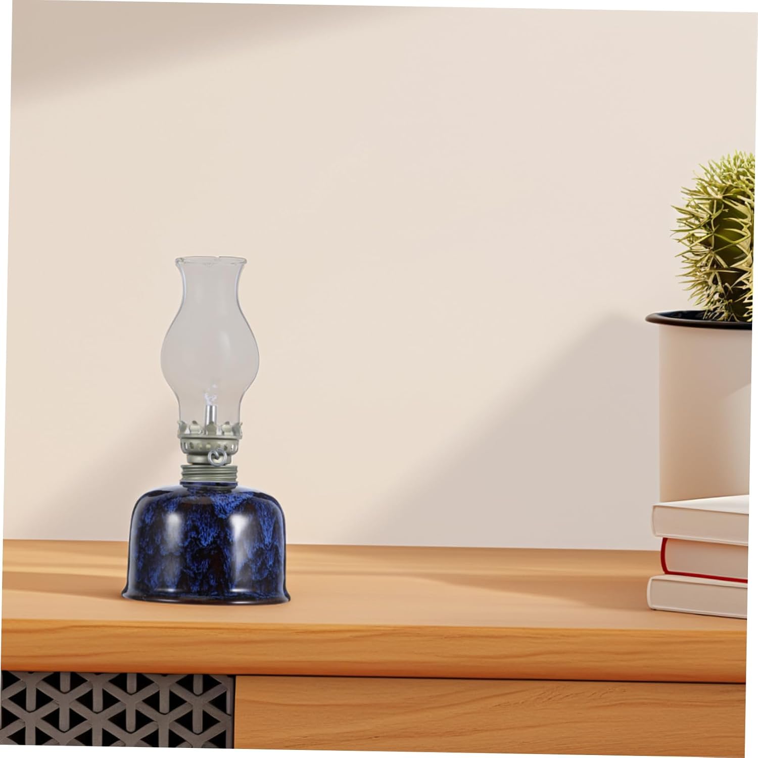 Vintage Kerosene Oil Lamp with Chimney Holder Retro Indoor Decoration for Home and Office Cozy Atmosphere Enhancer Classic Ceramic Design Glazed Blue Finish