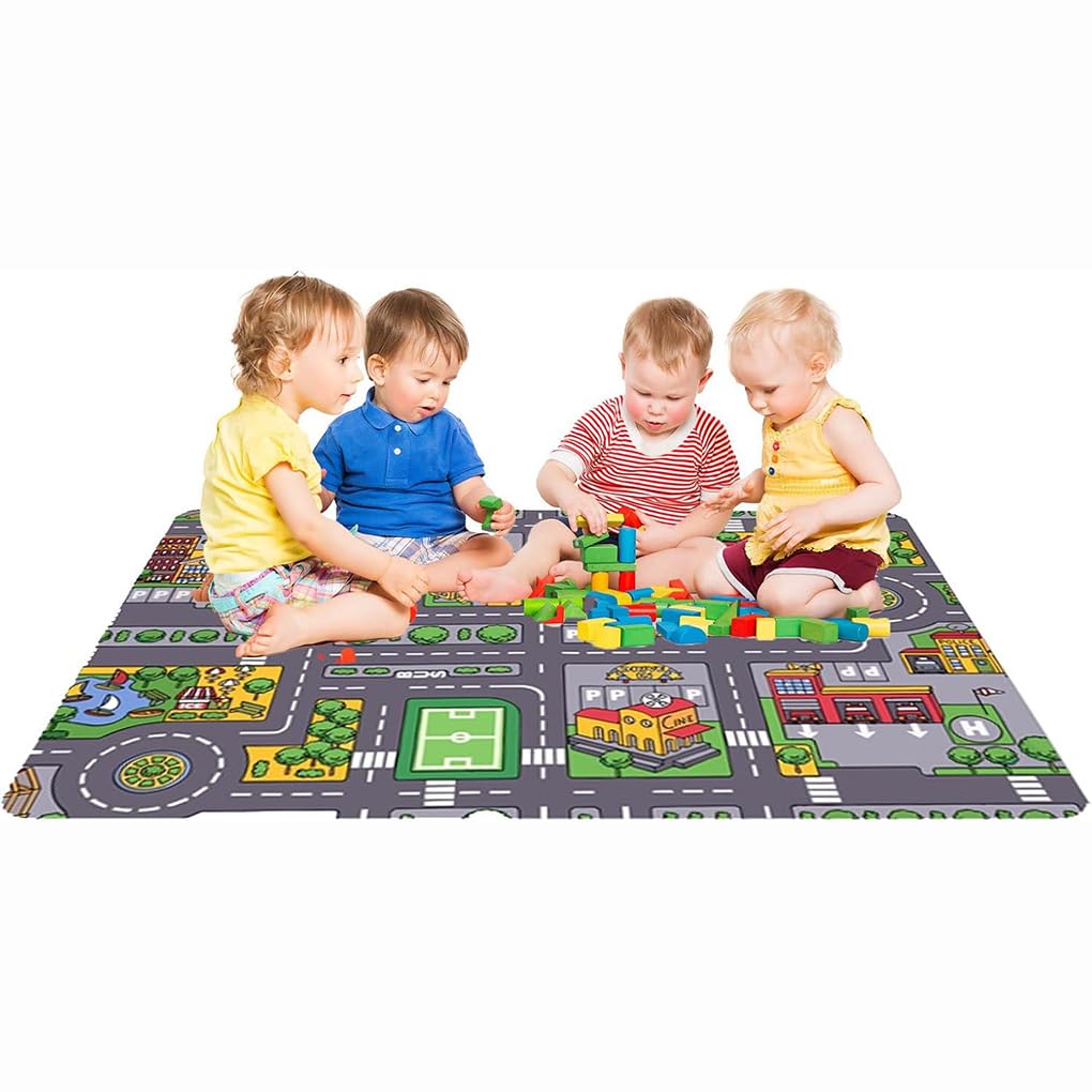 Auto Spielmatten für Kinder, pädagogischer Verkehrs,90x140cm | für die kindliche Entwicklung | Weiche Kinder Krabbelmatte, Plüsch Spielmatte