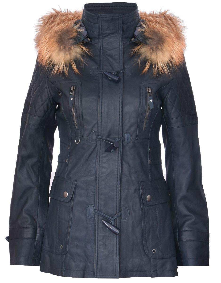 Infinity Leather Women's Navy Blue Quilted Leather Parka Jacket With Detachable Hood 4XL