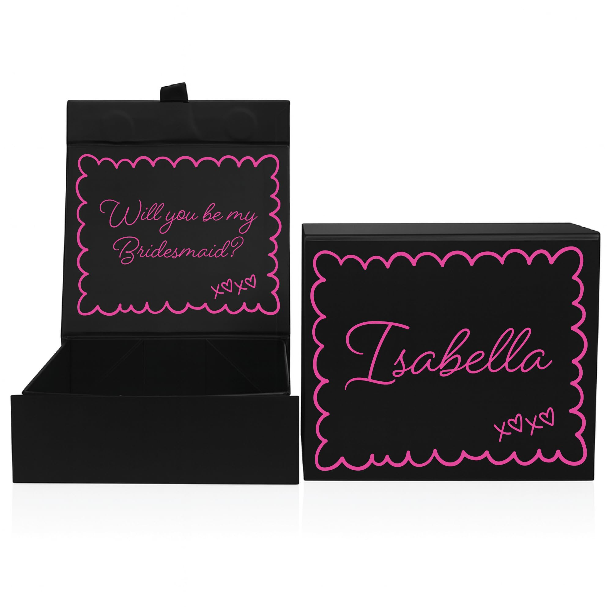 COOKIES AND KOALAS Personalised Black Bridesmaid Proposal Box – Custom Name Gift Box – Scallop Design – Small 12x12x5cm