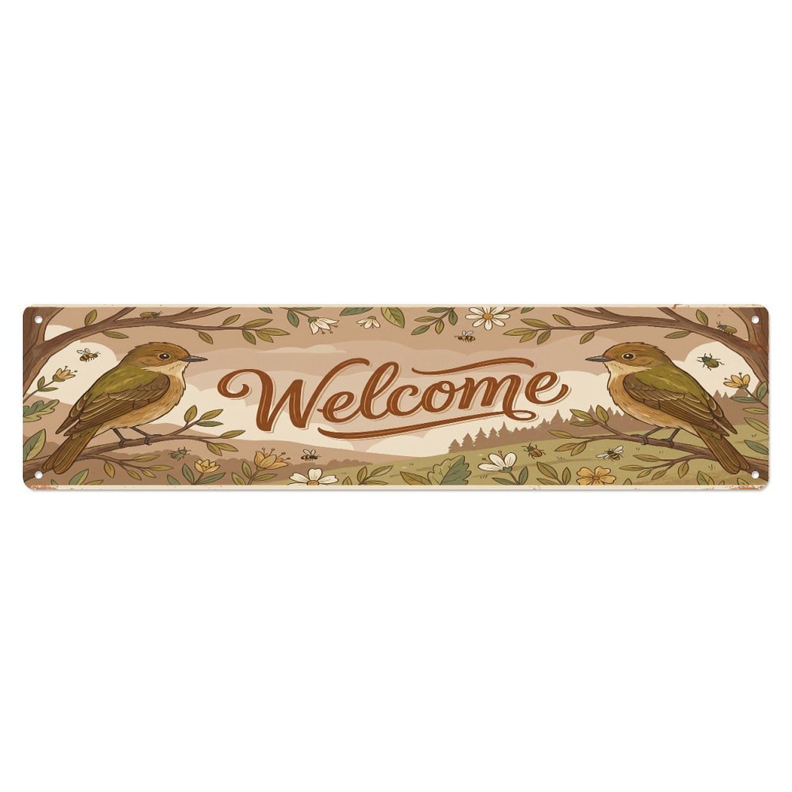 Cxhjca 4X16inch(10X40cm) Vintage Welcome Flycatcher Branch Metal Tin Sign