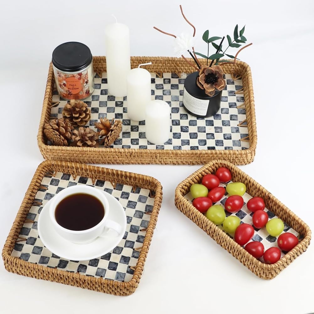 Plateau Décoratif Antidérapant en Rotin Damier Noir et Nacre